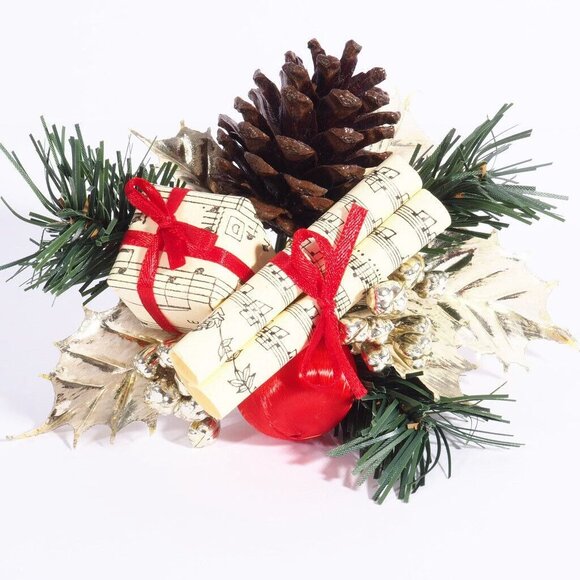 Vtg Artificial Christmas Branch Music Scroll Box Cone Gold Red Green Leaf Ball - Picture 2 of 7